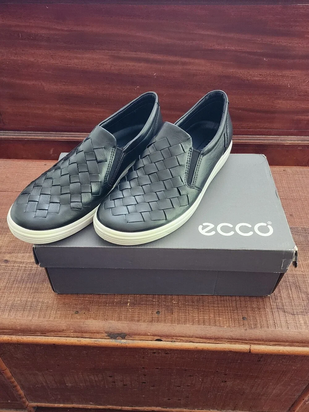 Ecco Soft 7 Black Woven Leather Slip-On Sneakers with White Sole